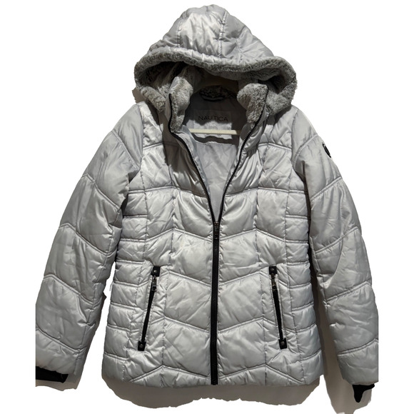 Nautica Womens M Puffer Jacket Water Resistant Furry hood removable Silver Gray - Picture 1 of 10